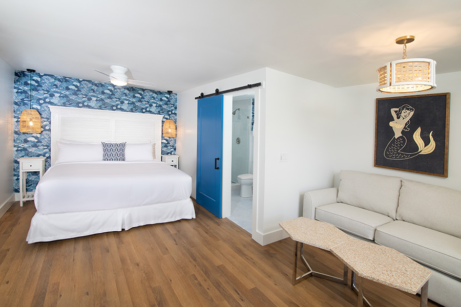 Image of hotel room with blue accents